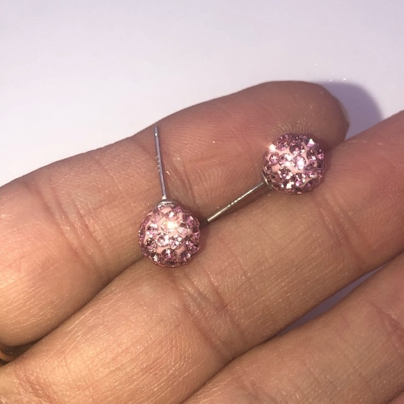 STERLING Silver Pink Crystal Sparkle Ball Stud Earrings 7mm - Picture 7 of 8
